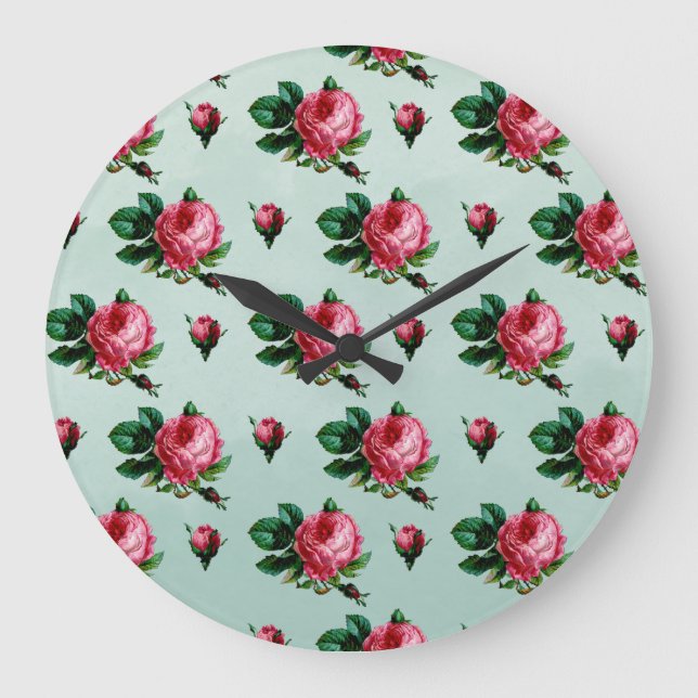 Vintage Pink Cabbage Roses Large Clock (Front)