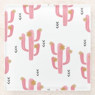 Vintage Pink Cactus Watercolor Pattern Glass Coaster