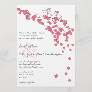 Vintage Pink Cherry Blossom Chickadee Wedding Invitation