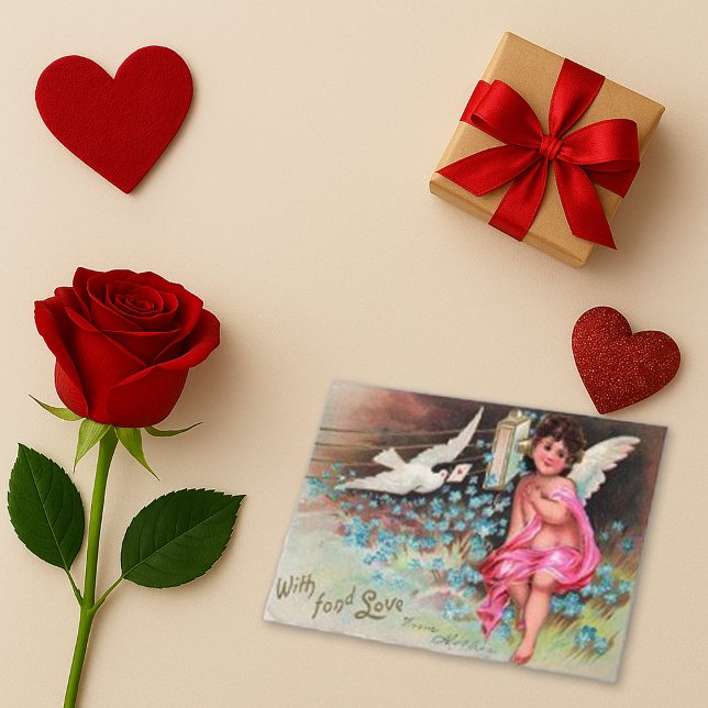 Vintage Pink Cherub Blue Flower Love Holiday Card (Creator Uploaded)