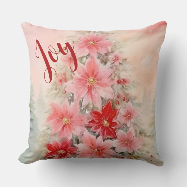 Vintage pink Christmas Poinsettia Throw Pillow (Front)