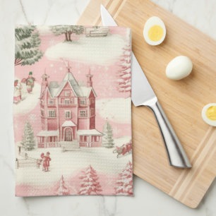 Vintage Pink Christmas  Tea Towel
