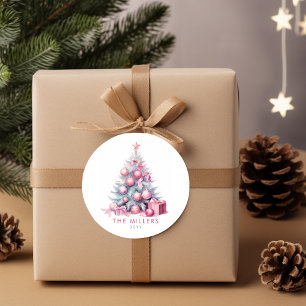 Vintage Pink Christmas Tree Minimalist Modern Classic Round Sticker
