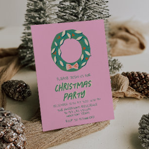 Vintage Pink Colorful Christmas Bow Wreath Party Invitation