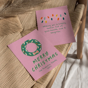 Vintage Pink Colourful Wreath Christmas Non-Photo Holiday Card