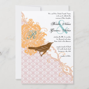 Vintage Pink Coral Aqua Endive Damask Wedding Invitation