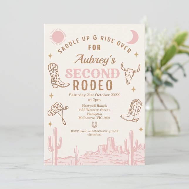 Vintage Pink Cowgirl First Rodeo 2nd Birthday Invitation (Standing Front)