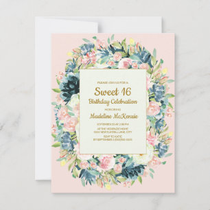 Vintage Pink Cream Floral Botanical Sweet 16 Invitation