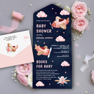 Vintage Pink Cute Aeroplanes Navy Blue Baby Shower All In One Invitation