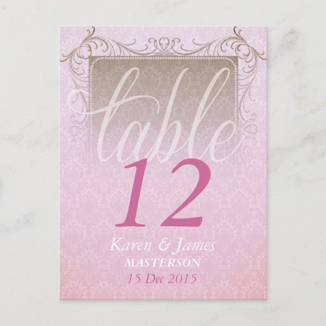 Vintage Pink Damask Dream Wedding Table Number Postcard (Front)