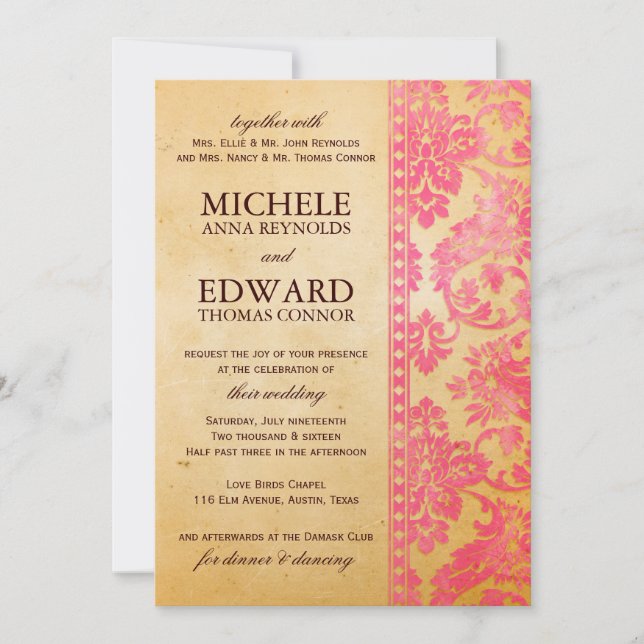 Vintage Pink Damask Lace Wedding Invitation (Front)