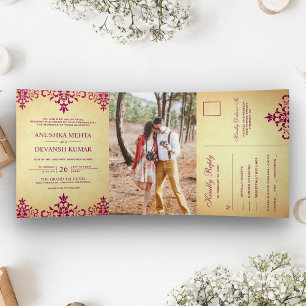 Vintage Pink Damask Traditional Indian Wedding Tri-Fold Invitation