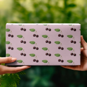 Vintage Pink Dark Red Cherries Pattern Wrapping Paper