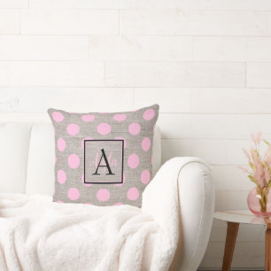 Vintage Pink Dots on Burlap Canvas Monogram Cushion