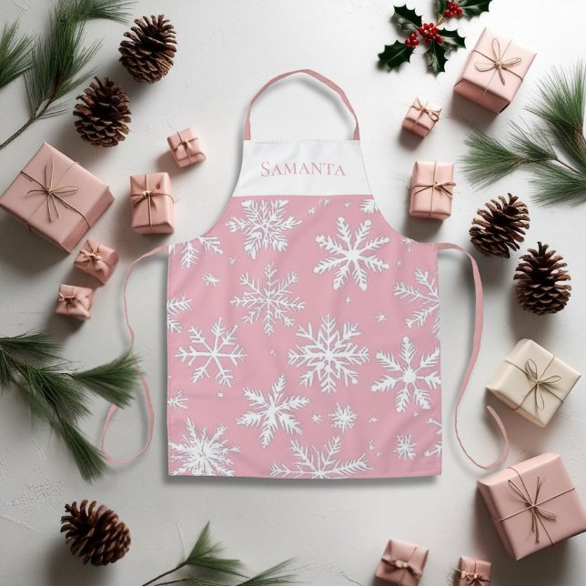 Vintage Pink elegant Snowflakes Personalised Apron (Vintage Pink elegant Snowflakes Personalized Apron)