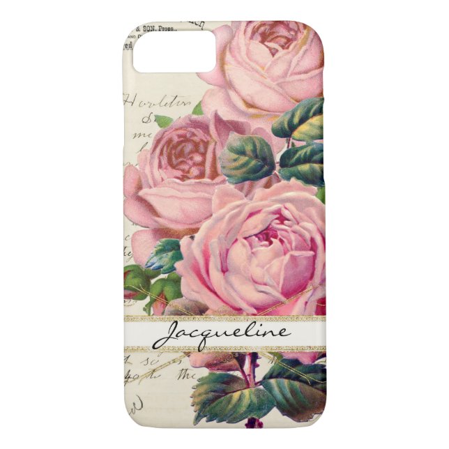 Vintage Pink English Roses w Script Handwriting Case-Mate iPhone Case (Back)