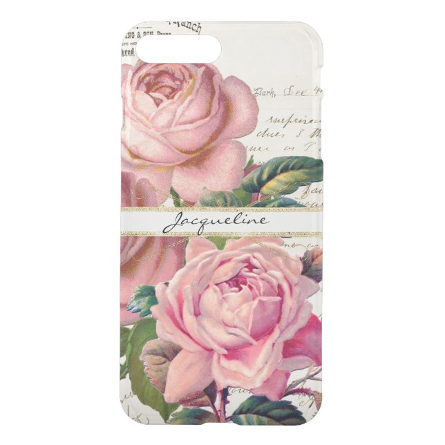 Vintage Pink English Roses w Script Lettering Art Uncommon iPhone Case (Back)