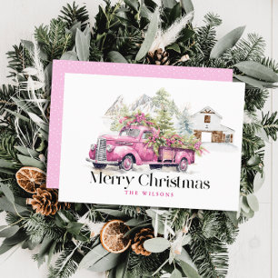 Vintage Pink Farm Truck Barn Mountain Christmas Holiday Card