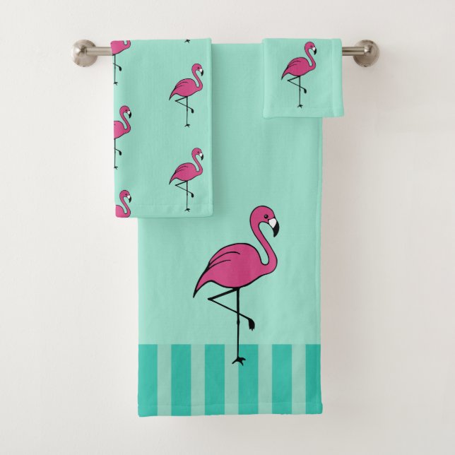 Vintage Pink Flamingo Bath Towels Set Gift (Insitu)