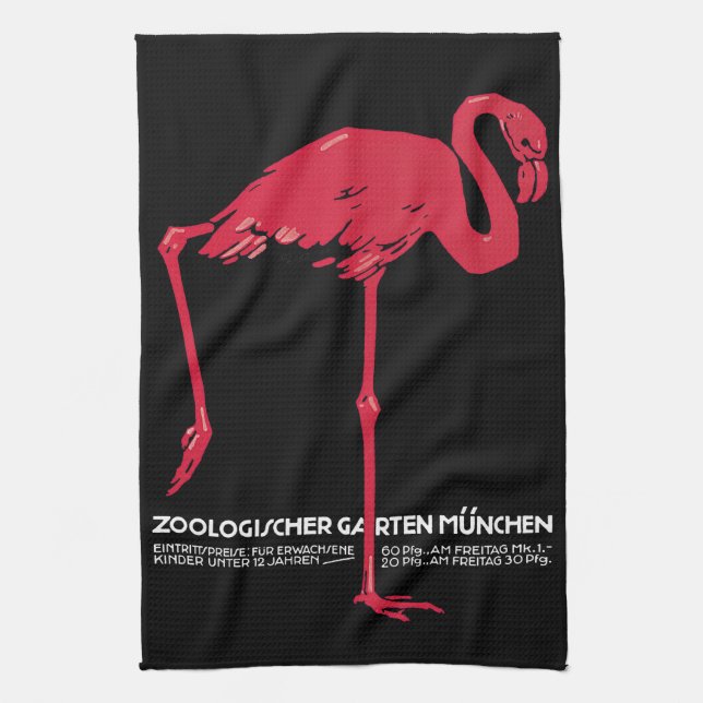 Vintage Pink Flamingo Bird at Germany Munich Zoo Tea Towel (Vertical)