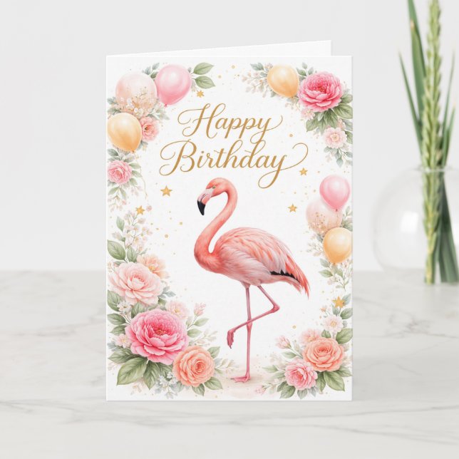 Vintage Pink Flamingo Birthday Card (Front)