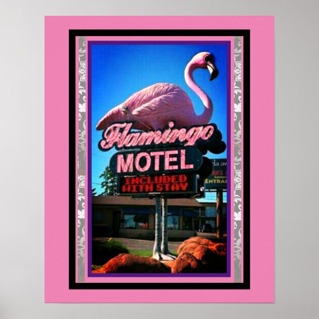 Vintage Pink Flamingo Motel Sign on a (Front)