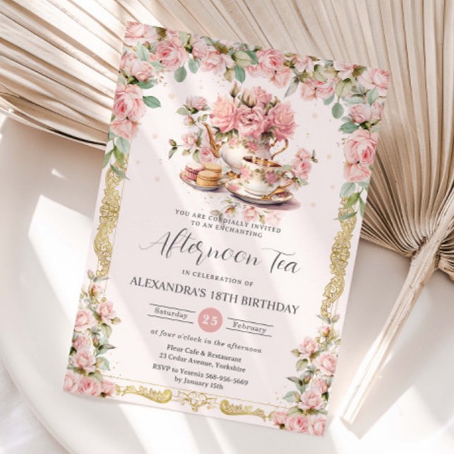 Vintage Pink Floral Afternoon Tea Party Birthday Invitation (Creator Uploaded)