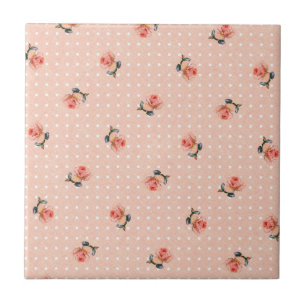 Vintage pink floral and dots ceramic tile