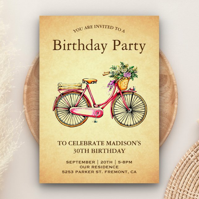 Vintage Pink Floral Bicycle Birthday Party Invitation (Creator Uploaded)
