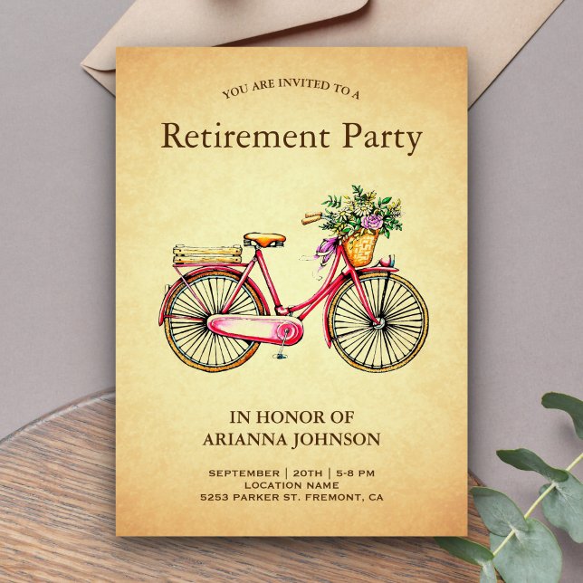 Vintage Pink Floral Bicycle Retirement Party Invitation (Creator Uploaded)