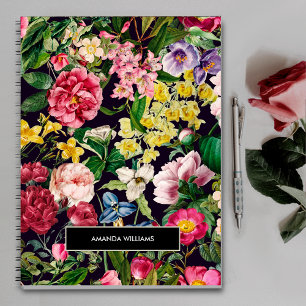 Vintage pink floral black pattern monogram notebook