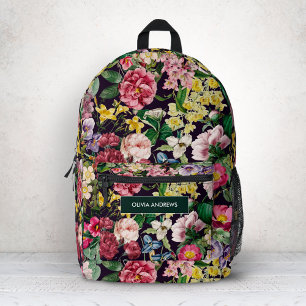 Vintage pink floral black pattern monogram printed backpack