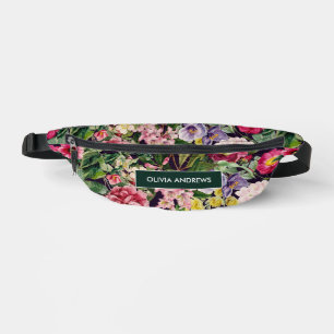 Vintage pink floral black pattern monogram printed bum bags