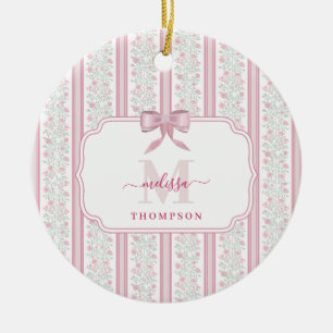 Vintage Pink Floral Coquette Bow Monogram Ceramic Ornament