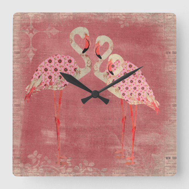 Vintage Pink Floral Flamingos Clock (Front)