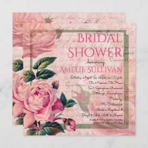 Vintage Pink Floral French Ephemera Bridal Shower Invitation