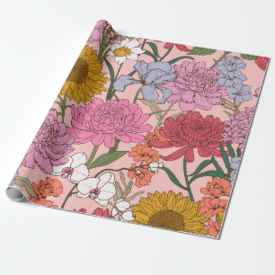 Vintage Pink Floral Garden Watercolor Botanical Wrapping Paper