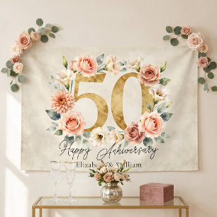 Vintage Pink Floral Gold 50th Wedding Anniversary Banner