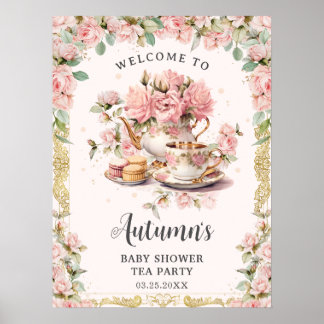 Vintage Pink Floral High Tea Baby Bridal Shower Poster
