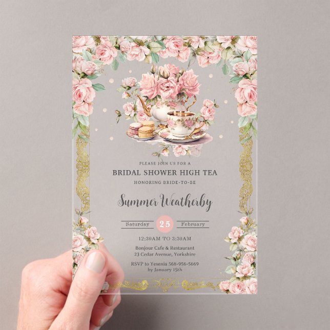 Vintage Pink Floral High Tea Party Bridal Shower  Acrylic Invitations (Insitu (Handheld))