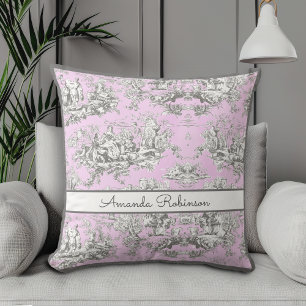 Vintage Pink Floral Lake Toile Monogram Cushion