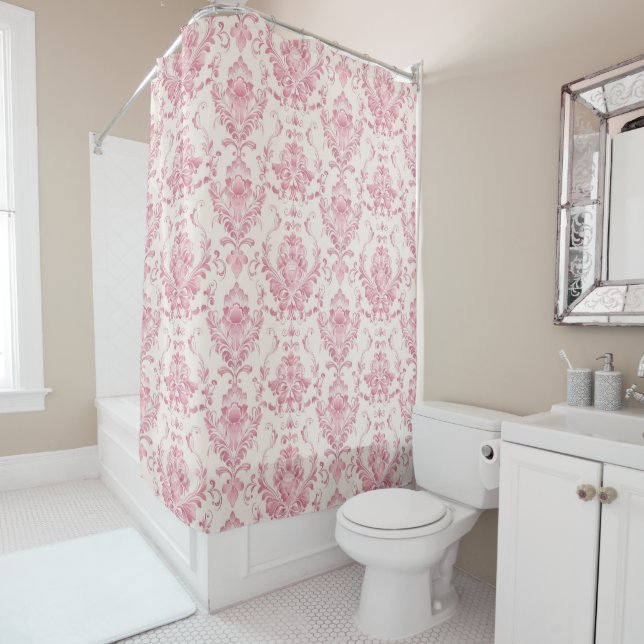  Vintage Pink Floral Pattern Shower Curtain (In Situ)