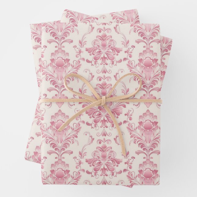  Vintage Pink Floral Pattern Wrapping Paper Sheet (In situ)