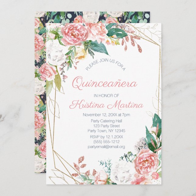 Vintage Pink Floral Quinceañera Birthday Invitation (Front/Back)