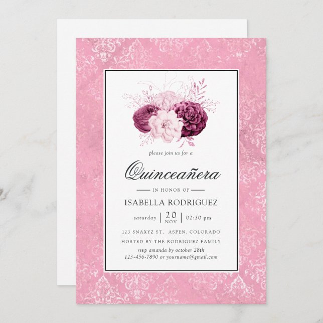 Vintage Pink Floral Quinceañera Invitation (Front/Back)