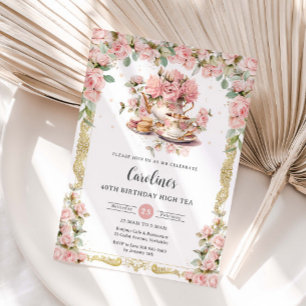 Vintage Pink Floral Roses High Tea Party Birthday Invitation