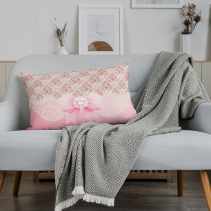 Vintage Pink Floral Roses Ribbon And Lace  Decorative Cushion
