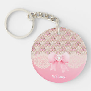 Vintage Pink Floral Roses Ribbon And Lace Name Key Ring