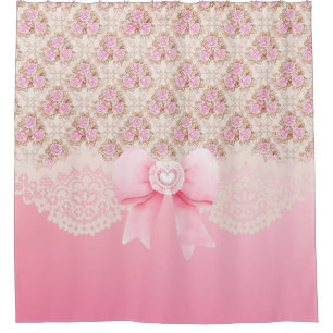 Vintage Pink Floral Roses Ribbon And Lace Shower Curtain