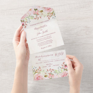 Vintage Pink Floral Spring Wedding All In One Invitation